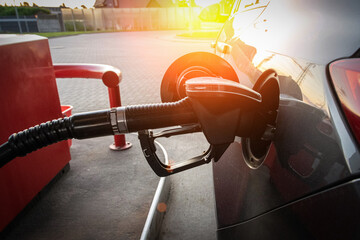 Filling car petrol. Pump gas fuel at gasoline oil station for nozzle tank. Black handle of the...