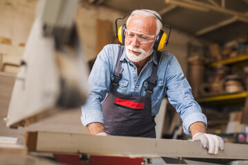 Close up of a carpenter using circular saw machine