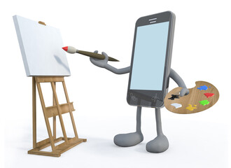 Fototapeta premium smartphone with arm and legs painter with brush and easel