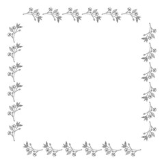 Square frame with black-and-white sakura branches on white background. Vector image.