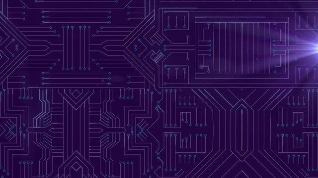 Animation of computer circuit board digital data processing with light trails on purple background