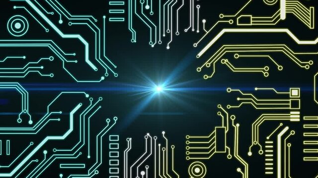 Animation of computer circuit board digital data processing with light trails on blue background