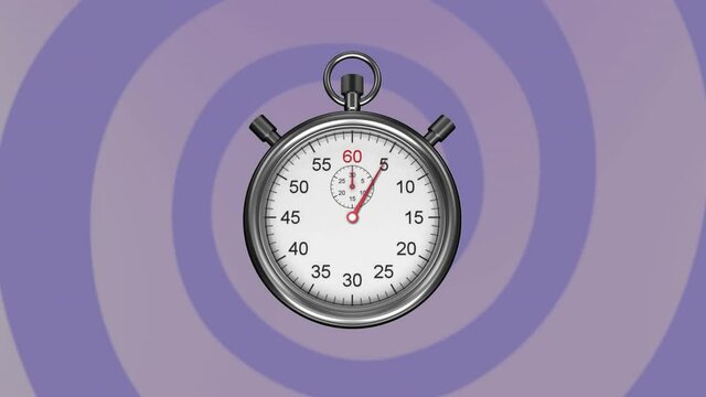 Animation of stopwatch ticking over rotating purple stripes moving in seamless loop