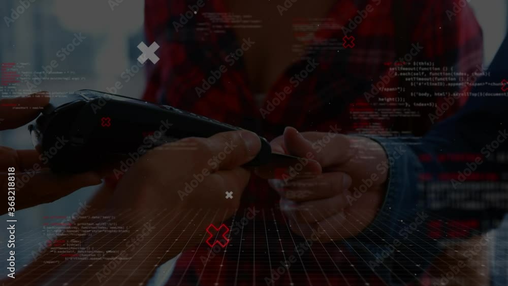 Poster animation of data processing and white and red crosses floating over a mixed race couple paying