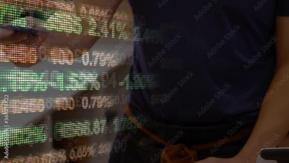 Poster animation of red and green data processing over caucasian man standing in a cafe