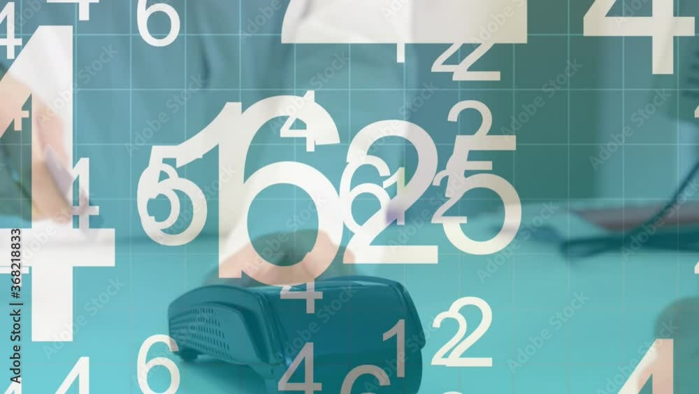 Poster animation of white numbers floating on a grid over caucasian man paying with a credit card