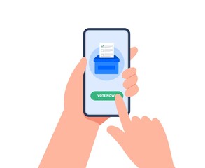 E-voting concept with a smartphone. A man holds the phone and voting online. Online voting concept, electronic voting, electoral internet system. Flat vector illustration.
