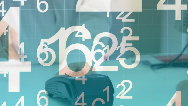 Animation of white numbers floating on a grid over Caucasian man paying with a credit card