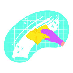 Vector drawing of a gloved hand with a cleaning napkin. Washing of surfaces, glass, windows. Wipe clean with a napkin, cloth, yellow microfiber, pink gloves flat style, 