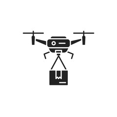Drone delivery black glyph icon. Quadcopter carrying a package. Aircraft device concept. Sign for web page, mobile app, banner, social media