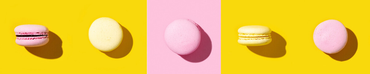 Regular creative pattern of colorful french cookies macarons. Pop art style banner.