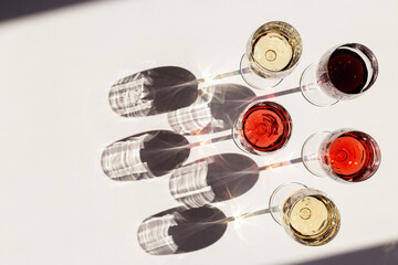 Set of wine in glasses. Red, rose and white wine