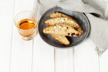 Sweet cantuccini biscuits and wine. Homemade Italian biscotti cookies