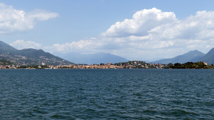 View on Baveno Town in Italy. Lake and mountain. Lake Lago Maggiore in northern Italy. 