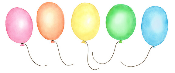 Rainbow watercolor balloons isolated on a white background. Hand painted watercolor balloons set. Air balloons of a red (pink), orange, yellow, green and blue colors. A bunch of multicolor ballons. 