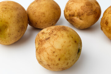 Raw potatoes on a white background