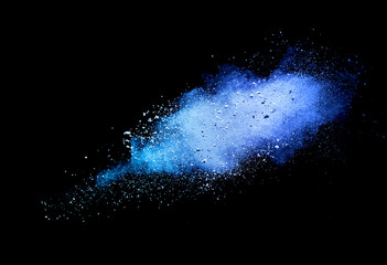 Fototapeta na wymiar Closeup of blue dust particle splash isolated on black background.