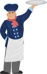 The chef is holding a tray. Graphic drawing. Cartoon style. White background. Vector. Cartoon illustration for web design