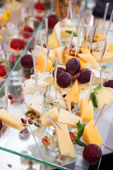 Assortment festive appetizers on the plate, selective focus. Festive buffet. As a photo, for the menu of restaurants, cafes and promotional items.