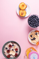 porridge, fruit and berries as healthy yummy breakfast concept
