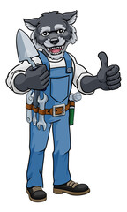 A wolf bricklayer builder construction worker mascot cartoon character holding a trowel tool and giving a thumbs up
