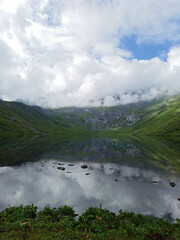 Summer view on the lake in the Caucasus mountains - 368223037