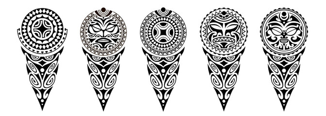 Set of tattoo sketch maori style for leg or shoulder with sun symbols face and swastika.	
 - obrazy, fototapety, plakaty