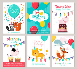 Fototapeta na wymiar Happy birthday greeting card and party invitation templates, vector illustration, hand drawn style