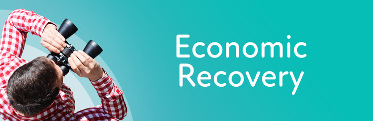 Naklejka premium Economic Recovery. Businessman (man) looks through binoculars. Birds eye view. Focus on text. Blue Background. Business, Finance, Statistics, Analysis, Economy