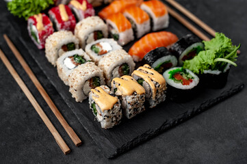 Sushi set on a stone background. Japanese food