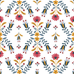 Vector seamless pattern of Folk art floral in Scandinavian and Nordic style on white background. Blue and red flower print.