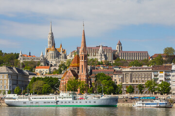 View of the Fisherman's Bastion, Reformed Church and the Church of St. Matthias in Budapest. Hungary