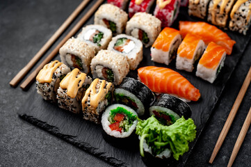 Sushi set on a stone background. Japanese food