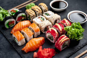 Sushi set on a stone background. Japanese food