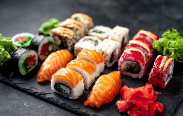 Sushi set on a stone background. Japanese food