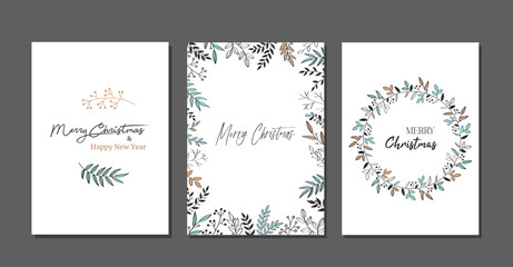 Trendy Merry Christmas set cards with modern hand drawn elements and greetings. Lettering design collection. doodle and scribbles line vector. 