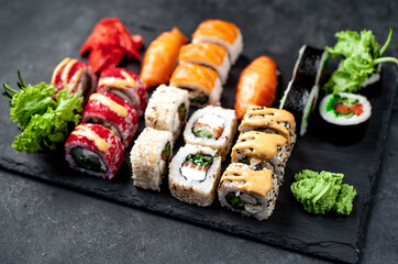 Sushi set on a stone background. Japanese food