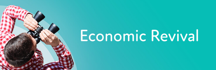 Naklejka premium Economic Revival. Businessman (man) looks through binoculars. Birds eye view. Focus on text. Blue Background. Business, Finance, Statistics, Analysis, Economy