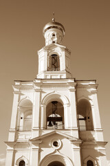 St. George's (Yuriev) Monastery, Veliky Novgorod, Russia - Bell tower of St. George's Monastery. Yurievo village, outskirts of Veliky Novgorod (Novgorod the Great). UNESCO world heritage site.