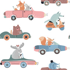 Cute vector seamless pattern with funny forest animals on cars