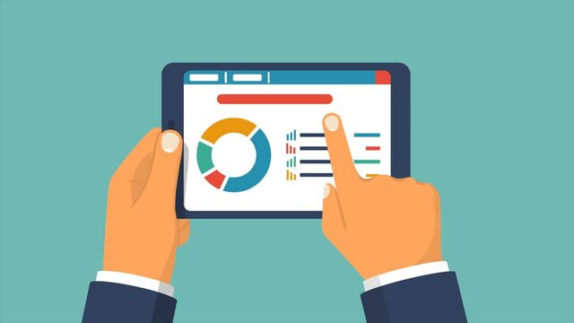 Businessman reading business news. Tablet in hand. Flash animation caroon design.