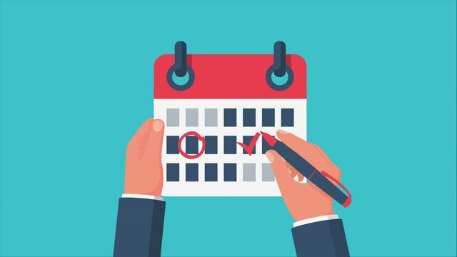 Businessman is planning events on calendar, footage motion. Video animation vector illustration flat design. Mark calendar and red pen in hand 4k video. Date circled. Week day month. Mockup of page.