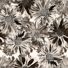 Seamless monochrome retro floral pattern. Black and beige background.