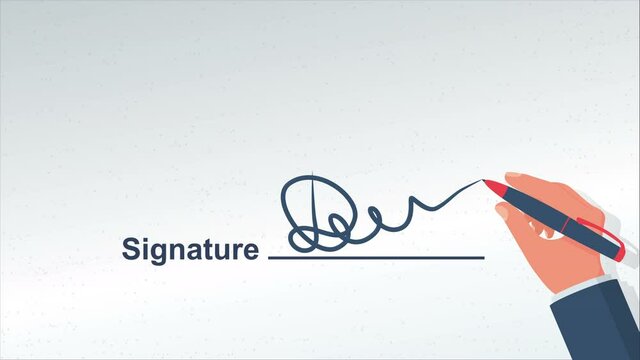 Signature on document video animation. handwritting autograph. Footage human signs a document. Vector illustration 4k design. Template for agreement. Legal confirmation. Isolated on white background.