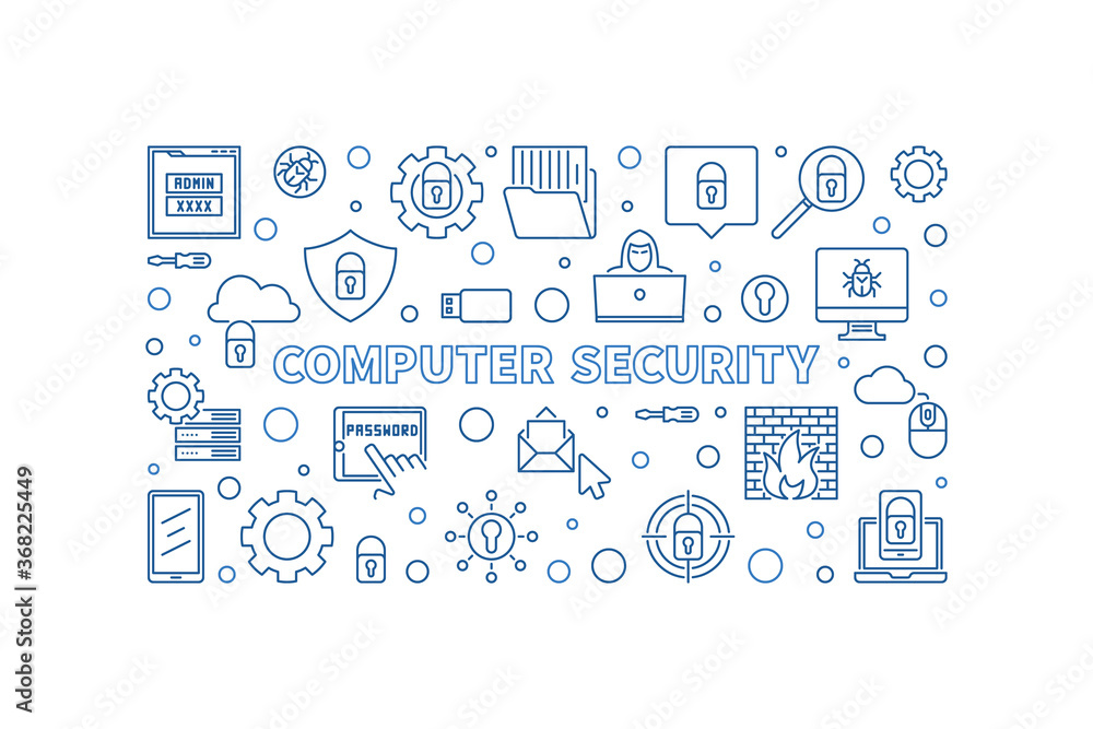 Poster computer security vector concept horizontal banner or illustration in outline style