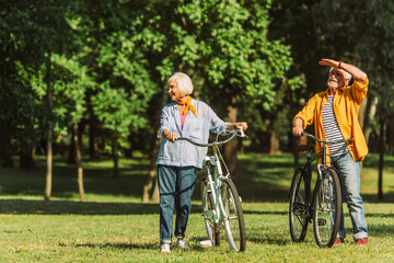 Smiling grey haired couple standing near bikes on meadow in park
