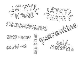Set of vector lettering doodle handwritten black and white on theme of quarantine, self-isolation times and coronavirus prevention. Phrase for social networks, flyers, stickers, typography posters