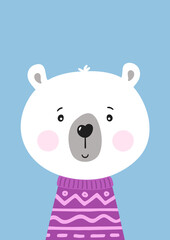 Cute hand drawn polar bear in purple sweater. Poster for baby room. Childish print for nursery. Design can be used for greeting card, invitation, baby shower. Vector illustration.