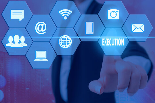 Text sign showing Execution. Business photo showcasing the carrying out or putting effect of plan, or course of action Grids and different set up of the icons latest digital technology concept