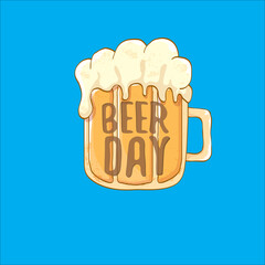 international beer day squre banner or poster with beer glass isolated on abstract blue background. Happy beer day vintage hand drawn greeting card or flyer